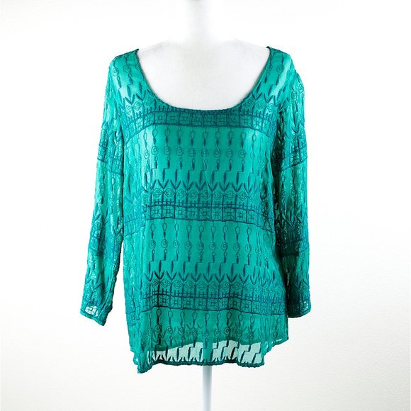 Lucky Brand Embroidered Mesh Turquoise Green Top Size L - Picture 3 of 6